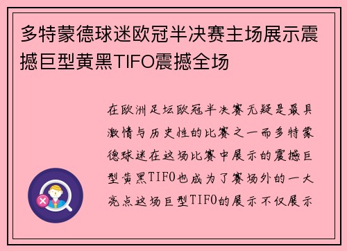 多特蒙德球迷欧冠半决赛主场展示震撼巨型黄黑TIFO震撼全场